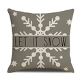 Leinen-Weihnachtskissenbezug in Taupe mit weißen Schneeflocken und LET IT SNOW Text - Graubrauner Hintergrund - LET IT SNOW