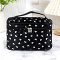 Rectangular black makeup bag with white heart pattern and built-in mirror - Black White Heart