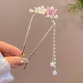 U-shaped hair pin with gold finish, matte flowers, pink butterflies and pearl tassels - Aa0180 Cat's Eye Flower Butterfly - Gold