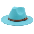 Detail of tiffany blue fedora hat featuring a brown leather belt with metallic rivets - Lake Blue (2 Studs)