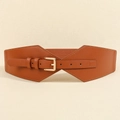 Brown elastic wide belt with golden geometric leather buckle for women dresses - Rectangle Pin Buckle Style (19752) / Camel