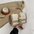 Elegant woven beige shoulder bag with light brown leather trim and golden clasp - White/Khaki Marble