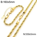 Ensemble collier et bracelet chaîne corde dorée en acier inoxydable avec fermoir homard - Largeur 5mm (Collier 50cm+Bracelet 16cm) / Or