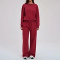 Burgundy loose knit sweatshirt set with wide-leg pants and drawstring waist - S / Cherry Red (Long Pants Set)