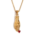 Collar vintage bañado en oro de 18K con colgante de mano y gema de corazón rojo - Dorado