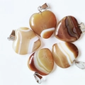 Brown and beige striped natural agate heart pendant with silver metal bail - Coffee Agate