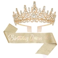 Σετ χρυσή κορδέλα Birthday Queen και στέμμα με στρας για πάρτι γενεθλίων - Ολογραφική Γραμματοσειρά Queen (Πλάγια) Χρυσό Σετ