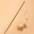 Interactive wooden cat wand toy with natural feathers, metal bell and woven ball - Paper Rope Ball