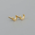 Detailed view of gold crescent moon stud earrings with sparkling cubic zirconia settings - 925 Silver / Gold (With Plastic Stoppers)
