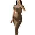 Elegant brown off-shoulder ruched maxi dress with slim fit silhouette and stretchy fabric - S / Khaki