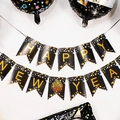 Black and gold Happy New Year party banner set with matching foil balloons and star details - Black Happy New Year Banner