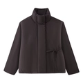 Chaqueta acolchada marrón oscuro para mujer con cuello alto y detalle de lazo en cintura - S / café