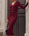 Detail of burgundy V-neck knitted dress with button decor and elegant waist belt - S / Burgundy