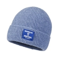 Winter blue knitted beanie with folded cuff and rectangular woven patch detail - Light Blue