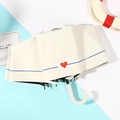 Compact folding UV sun umbrella in cream with blue stripes and a red heart pattern - 3-Fold Manual / J-Handle Heart Cream White