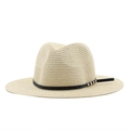 Detail of straw fedora hat with black leather band and four gold metal studs on white background - Beige