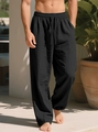 Detail of men's black wide-leg trousers with drawstring waist and breathable linen texture - S / Black