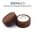 Round walnut wood engagement ring box with beige velvet lining and solid cover - Solid Lid - Single Slot - Cream Lining / No Engraving