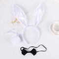 Three-piece bunny girl accessory set with white satin ears, black bowtie, and plush tail - White Satin Bunny Ears 3-Piece Set