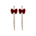 Red flocked bow earrings with rhinestone tassels and clear zircon studs for women - E4710-8 Rhinestone Long Tassel Bow Style