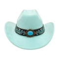 Light blue felt cowboy hat with floral embroidery and turquoise centerpiece buckle - Emerald Green (Floral Embroidery Band)
