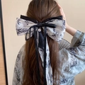 Elegant large bow hair claw with black satin, ink bamboo pattern, and crystal tassel - Black White Bow Tassel Spring Clip (133#)