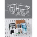 White metal wire pegboard basket with double hooks showing detailed 210mm dimensions - Mini Hanging Basket - White