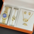 Golden quartz watch and heart jewelry 5-piece set with crystals in an orange box - Blue Dial Gold (5pcs Set)