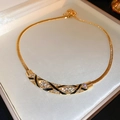 Detail of gold snake chain necklace with black enamel heart pendant and rhinestones - 85# Necklace Curved Rhinestone Pattern Enamel