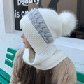 Winter hooded knit scarf hat in cream white and grey with white faux fur pompom - New White