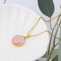 Gold stainless steel necklace with round pink shell pendant and letter S engraving - Pink-S