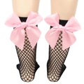 Detail of girls black mesh knee high socks with a large pink satin bow on the calf - One Size (Parent-Child) / Black Fishnet / Pink Bow