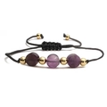 Adjustable black woven bracelet with purple natural stones and polished gold metal beads - Purple Crystal