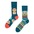 Close-up of cotton crew socks featuring colorful owl and leaf jacquard patterns - One Size / Reading Owl