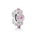 Silver bead charm with pink enamel peach blossom and sparkling zircon on white background - Style J4-03 / Silver Pink Gemstone