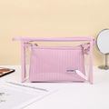 Roze gestreepte make-uptassenset met PVC-buitenzak en schattig konijntje-detail - Schoudertasset / Lichtpaars