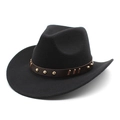 Classic black wool felt western cowboy hat featuring a studded brown leather band - M (56-58cm) / Black