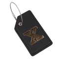 Black leather luggage tag with gold letter X and durable steel wire loop - Letter X