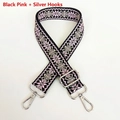 Detail of 3.8cm wide jacquard strap with pink geometric pattern and silver swivel hooks - Black Pink Silver Hook