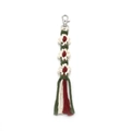 Handmade woven flower keychain with red white and green petals and white cotton tassels - Pendant Style / Antique Bronze Keychain / Beige