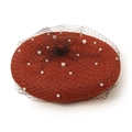 Caramel wool beret featuring black mesh veil and white pearl accents for women - M (56-58cm) / Caramel color
