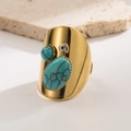 18K gold plated wide band ring with turquoise stones and rhinestone on white stone base - Oval Natural Stone-Sky Blue