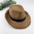 Brown woven straw fedora hat with black band and frayed edges for summer sun protection - M / Dark Coffee