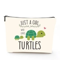 Linen makeup bag with turtle print and Just A Girl Who Loves Turtles text - Turtle Girl