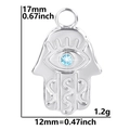Vista dettagliata del ciondolo Mano di Fatima con occhio blu e misure 17mm per 12mm - Solo Ciondolo Color Acciaio (Senza Catena)