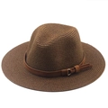 Chapeau Fedora classique en raphia marron avec ruban sombre, boucle dorée et franges - Marron