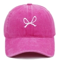 Pink washed cotton baseball cap with white bow embroidery and classic six-panel design - Adjustable / Rose Red