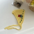 Handmade yellow knit flower bonnet with red floral embroidery and braided tie straps - Yellow