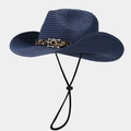 Detail of dark blue straw hat featuring leopard print band and golden buckle accent - Navy Blue