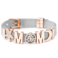 Bracciale a maglia in acciaio argento con charm MOM e pendenti stella in oro rosa - Bracciale Argentato con Ciondoli in Oro Rosa